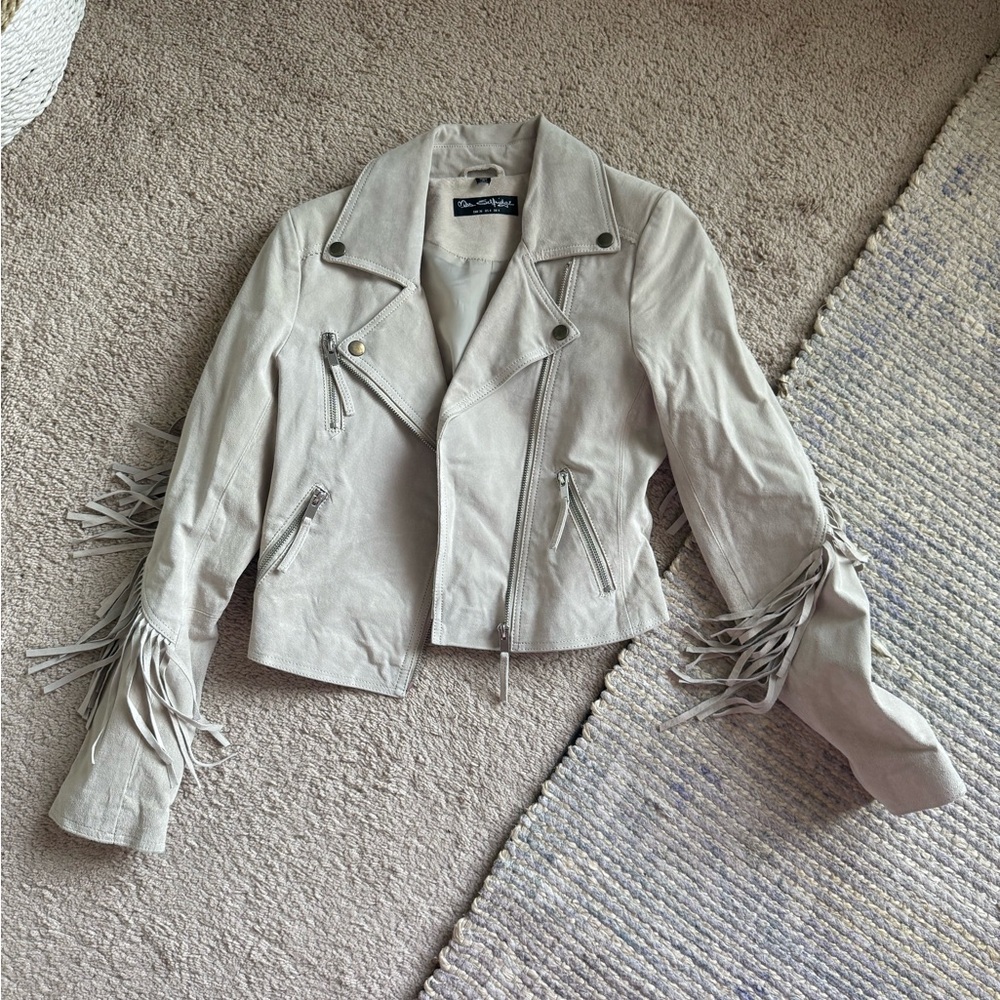 Miss Selfridge Light Gray/Greige Suede Leather Jacket with Fringe 4